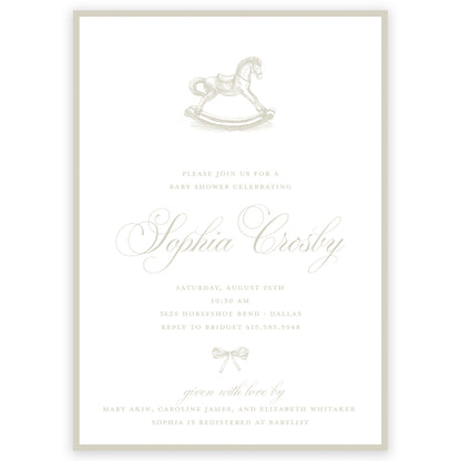 taupe rocking horse baby shower invitation