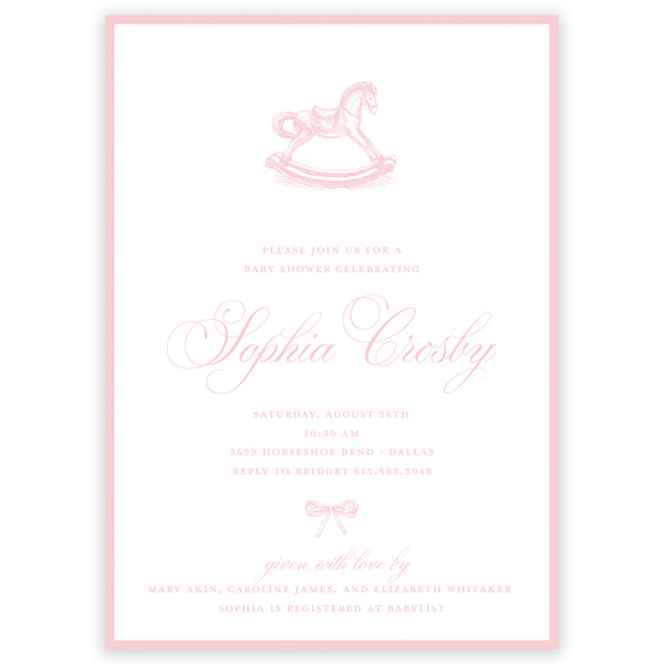 pink rocking horse baby shower invitation