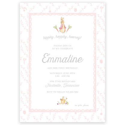 peter rabbit pink trellis party invitation