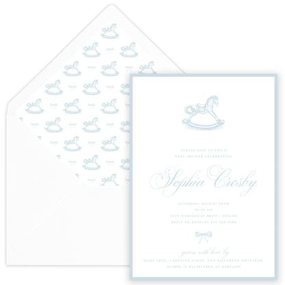 blue rocking horse baby shower invitation
