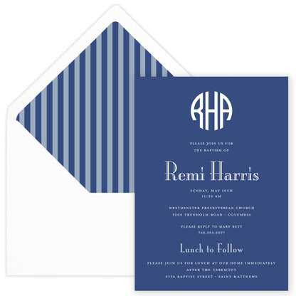 navy round monogram invitation