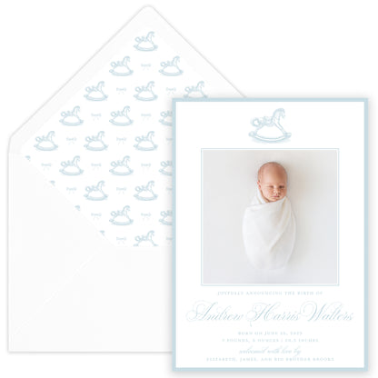blue rocking horse birth announcement