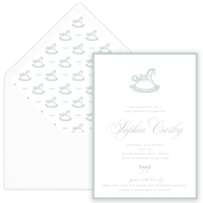 sage rocking horse baby shower invitation