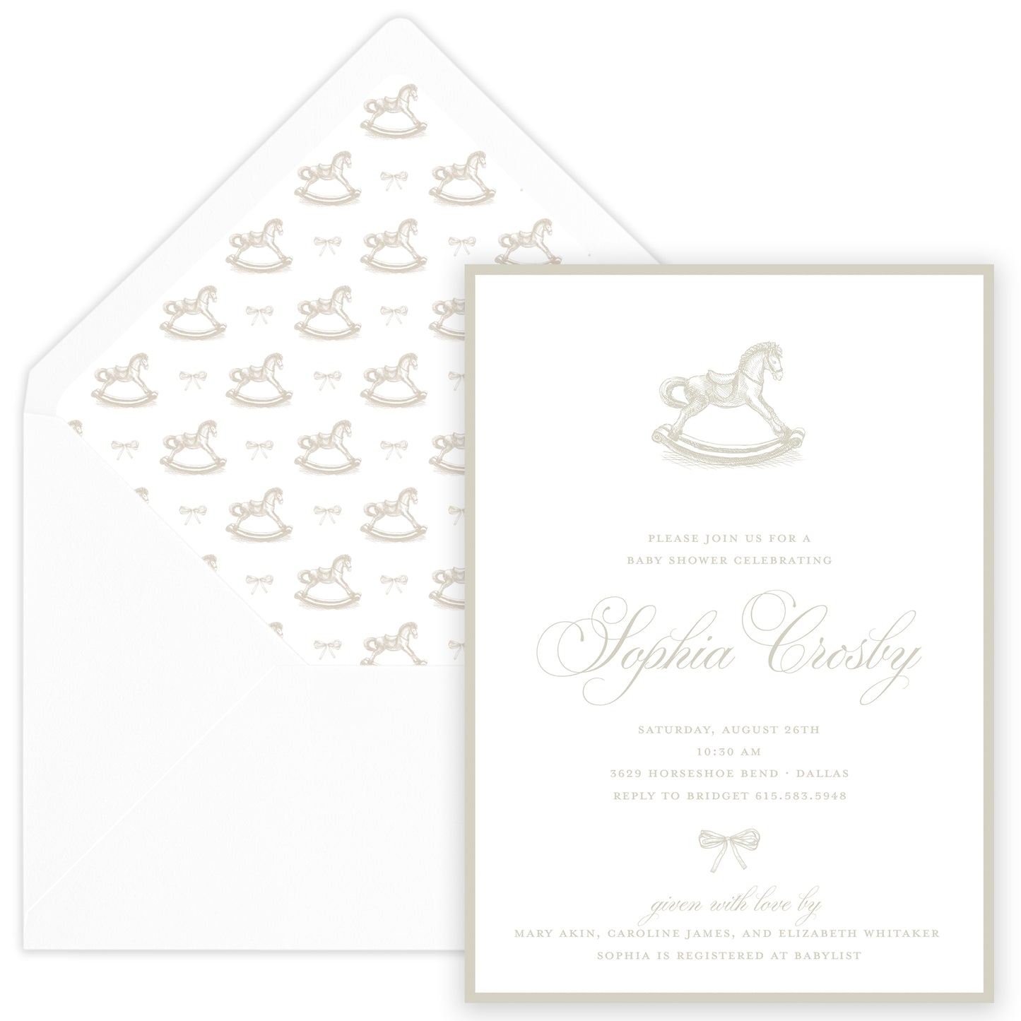 taupe rocking horse baby shower invitation
