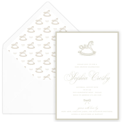 taupe rocking horse baby shower invitation