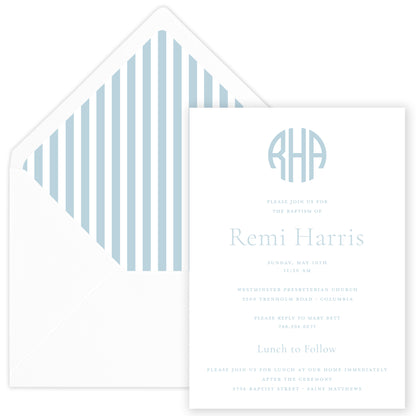 pale blue round monogram invitation