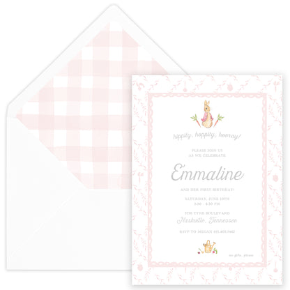 peter rabbit pink trellis party invitation