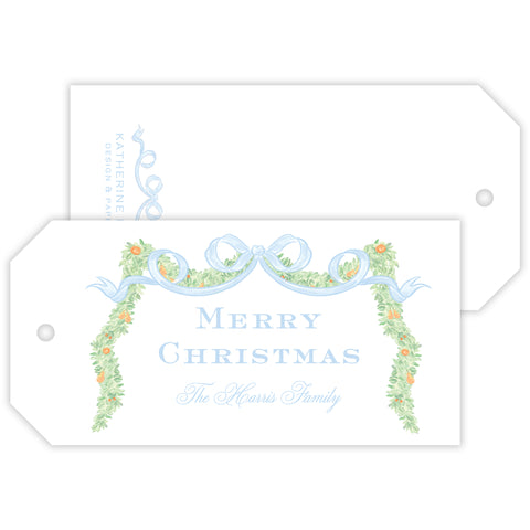 blue bow garland personalized gift tag