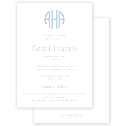 pale blue round monogram invitation