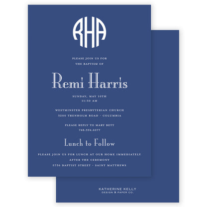 navy round monogram invitation