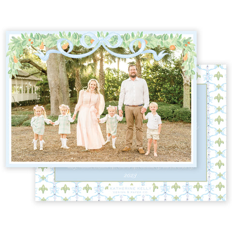 blue garland bow landscape photo holiday card