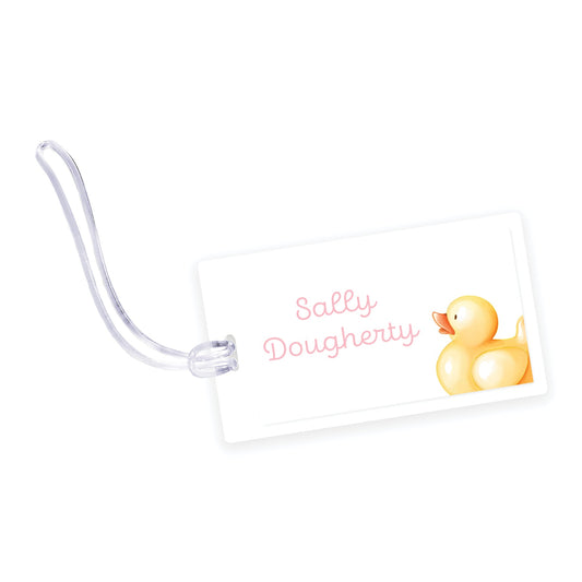 pink rubber ducky laminated bag tag
