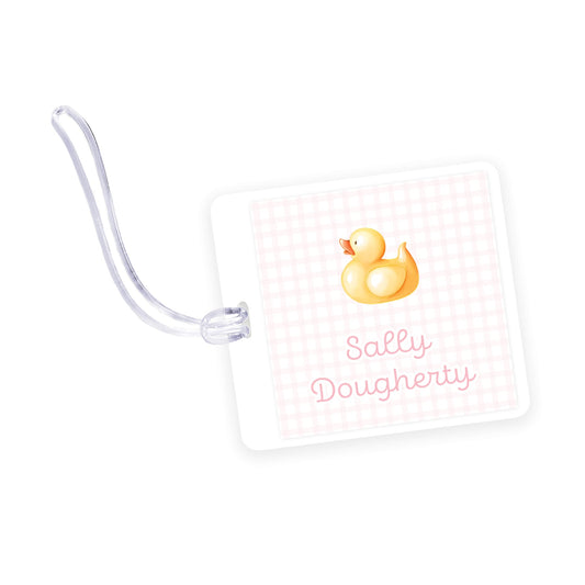 pink rubber ducky square laminated bag tag