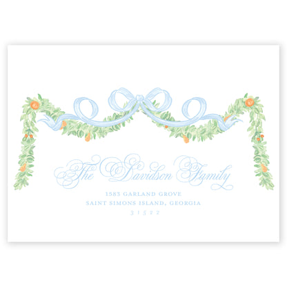 blue garland bow photo holiday card