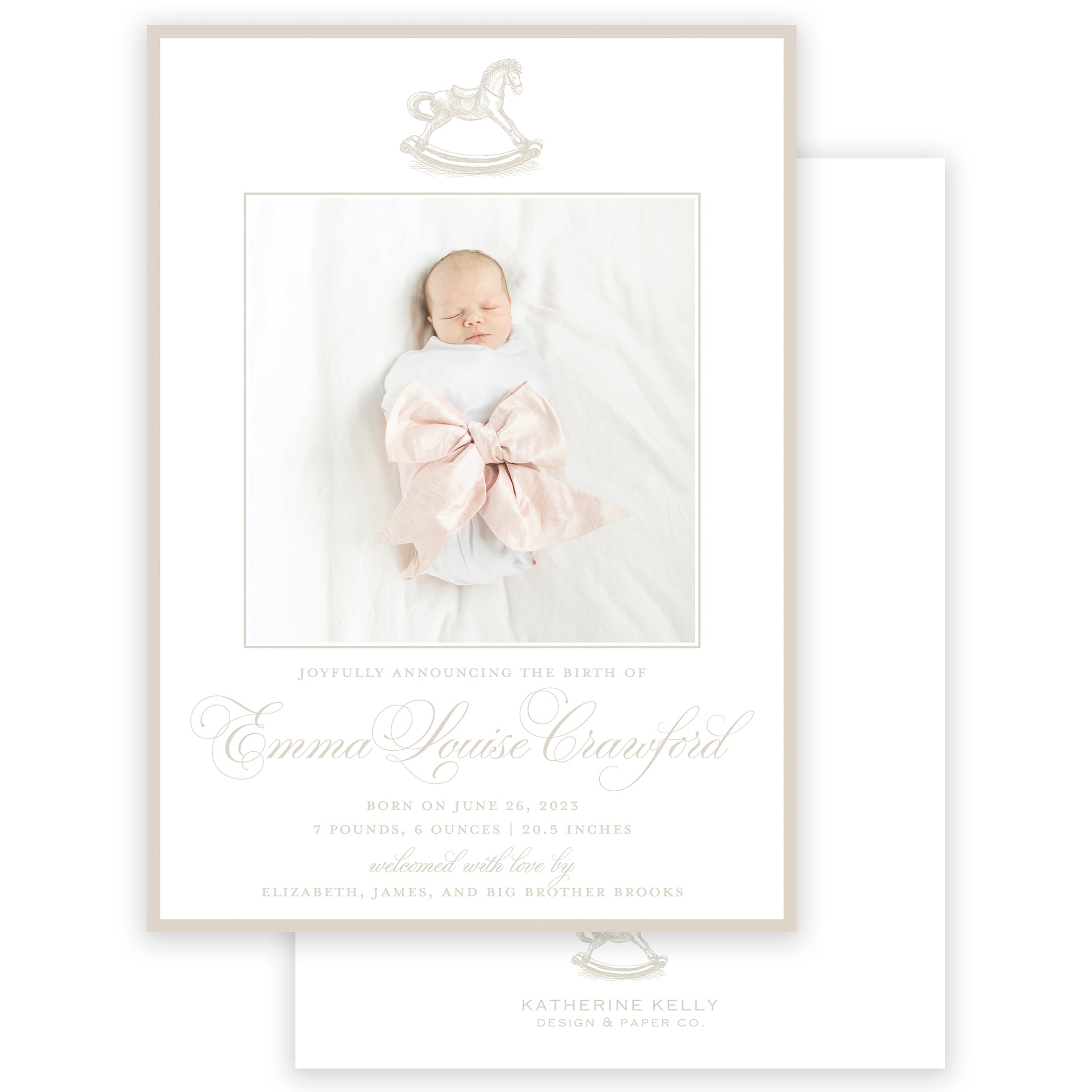 taupe rocking horse birth announcement