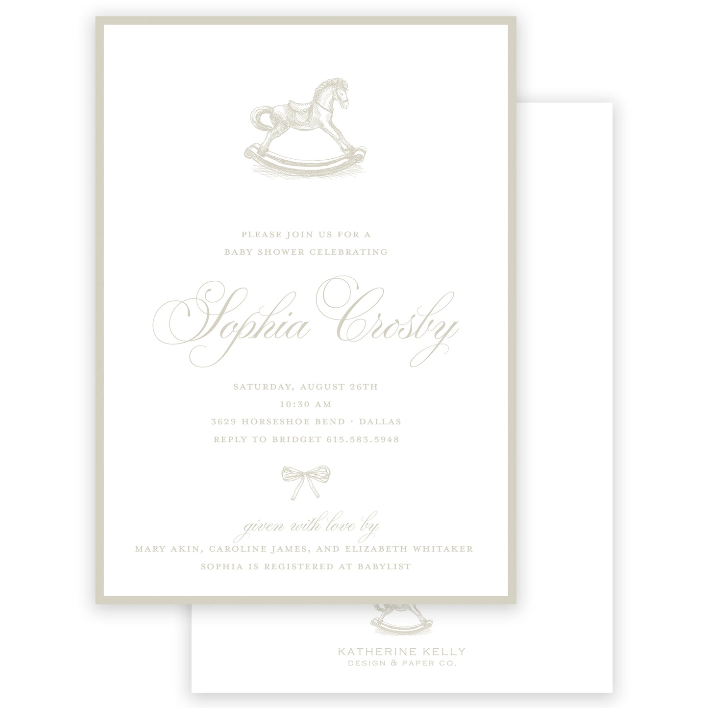 taupe rocking horse baby shower invitation
