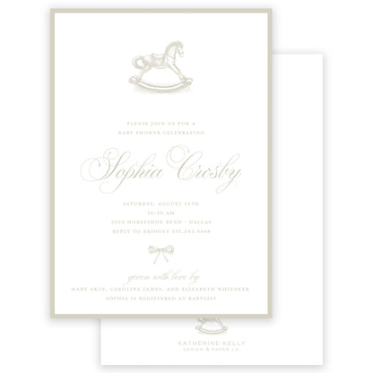 taupe rocking horse baby shower invitation