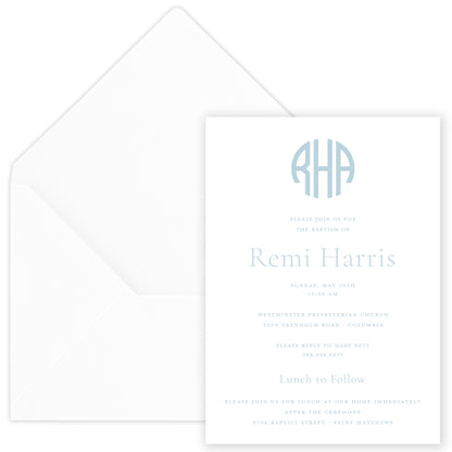 pale blue round monogram invitation