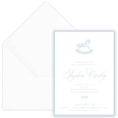 blue rocking horse baby shower invitation