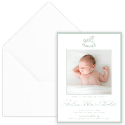 sage rocking horse birth announcement