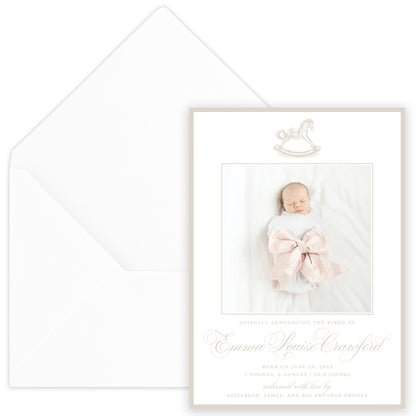 taupe rocking horse birth announcement