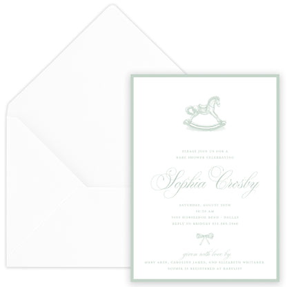sage rocking horse baby shower invitation