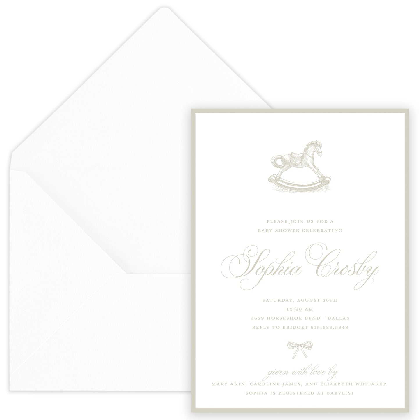 taupe rocking horse baby shower invitation
