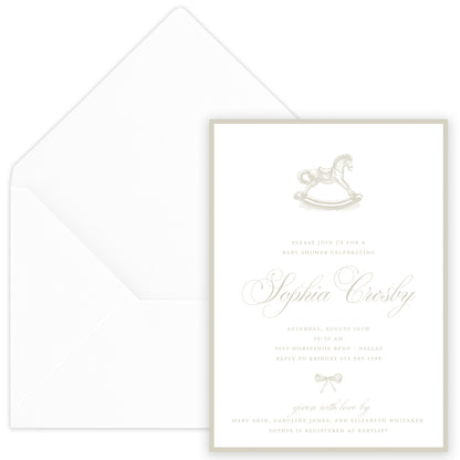 taupe rocking horse baby shower invitation