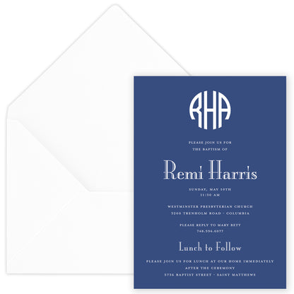 navy round monogram invitation