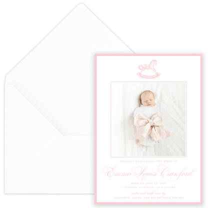 pink rocking horse birth announcement