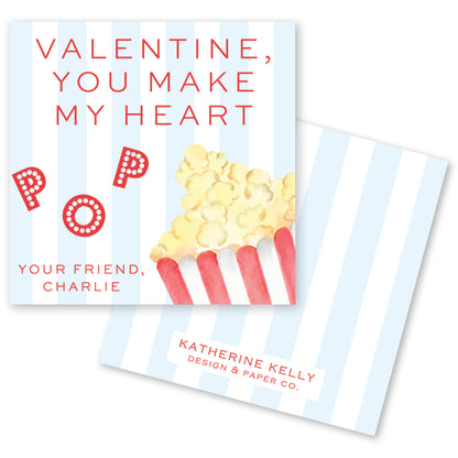 The image is a Valentine's Day card featuring a popcorn-themed design.