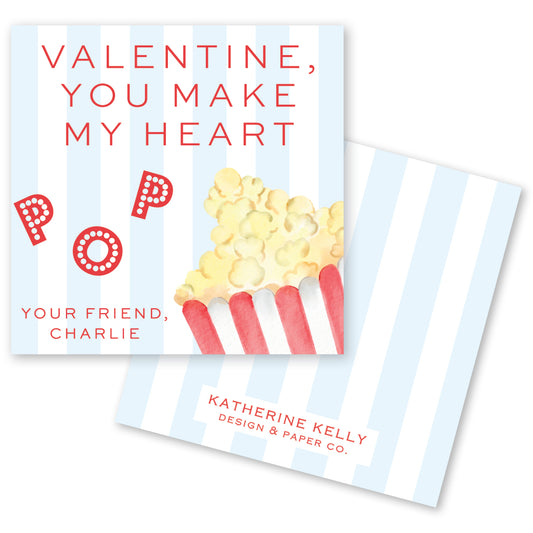 The image is a Valentine's Day card featuring a popcorn-themed design.