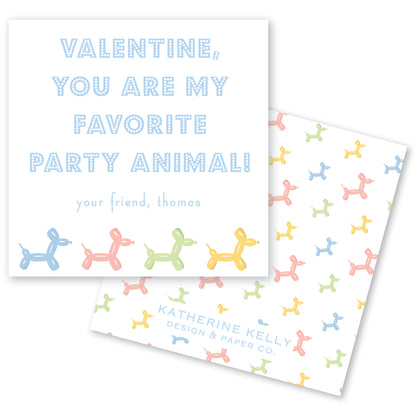 a Valentine's Day card with a playful design featuring multiple balloon dogs in various colors. The card has a message that reads "Valentine, you are my favorite party animal!" and includes the name "Thomas" and the logo "Katherine Kelly Design & Paper Co."
