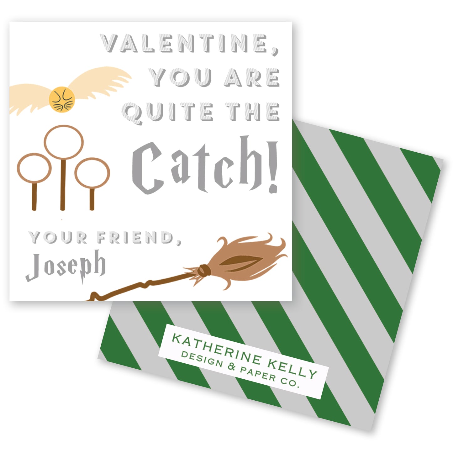 The image is a Valentine's Day card featuring a winged gold object, a brown broom, and a green and white striped background.