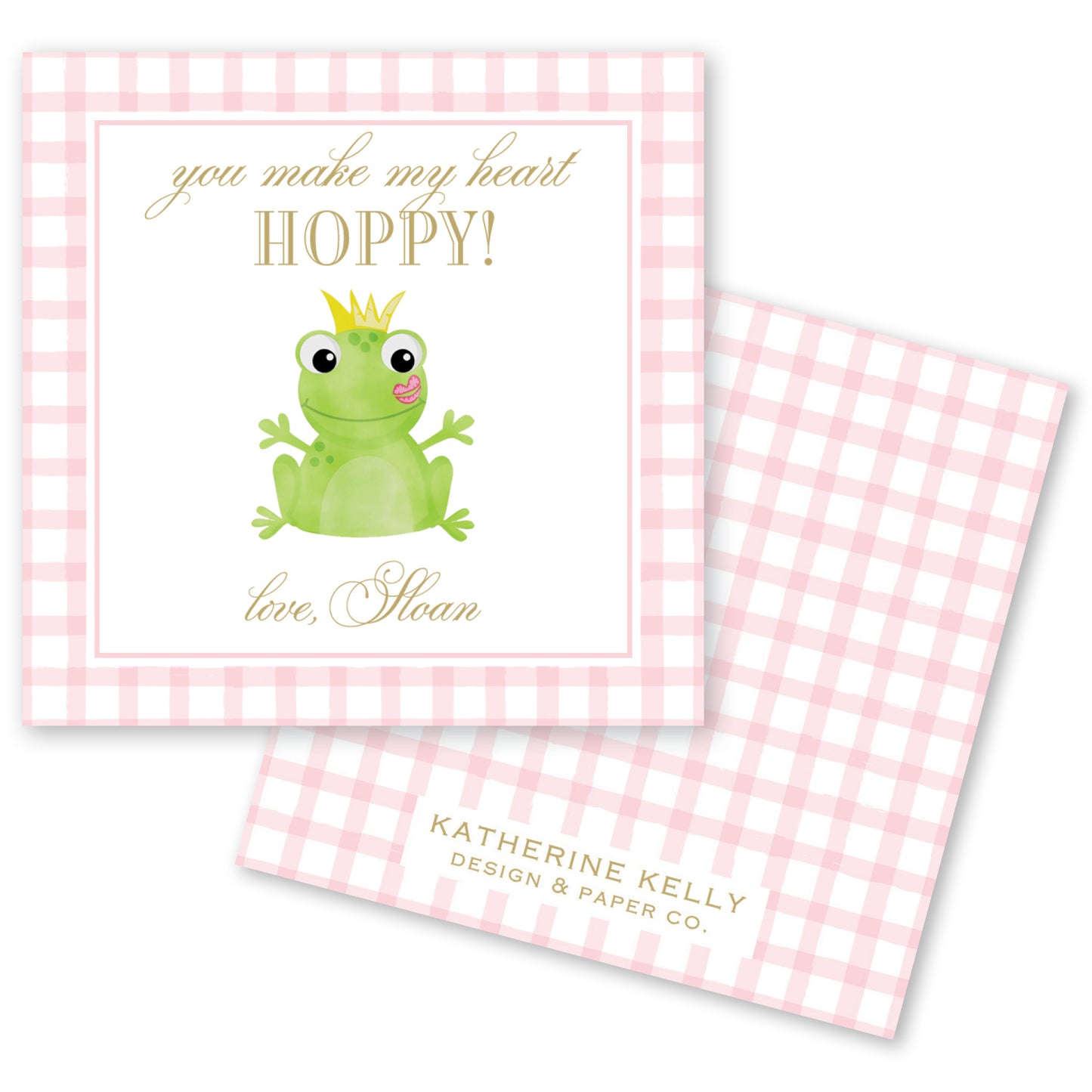 a pink and white checkered background with a green frog wearing a crown and the text "you make my heart hoppy!" written above it.