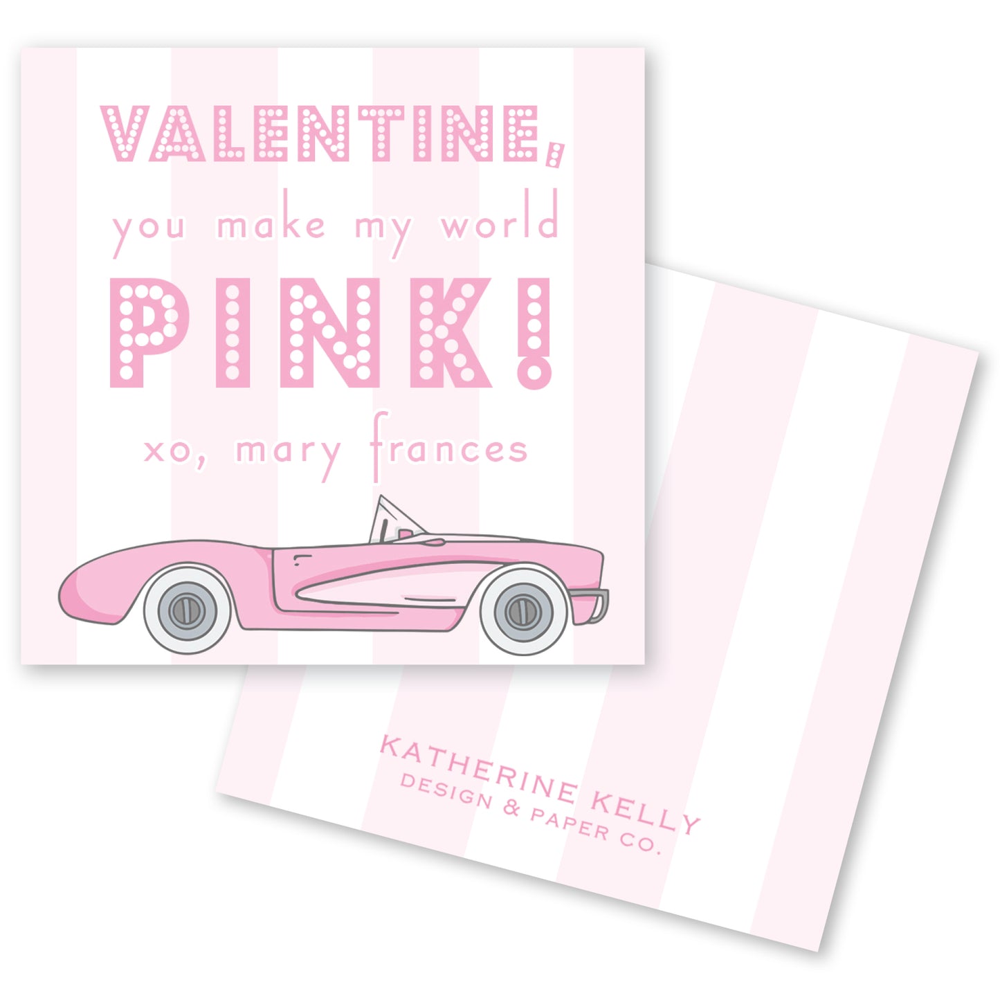 The image is a Valentine's Day card with a pink car illustration. The card has a pink background with white text and a pink stripe.