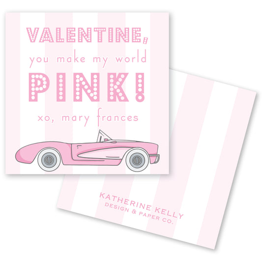 The image is a Valentine's Day card with a pink car illustration. The card has a pink background with white text and a pink stripe.
