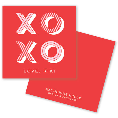 a red square with the text "XOXO" in large white letters, along with the text "LOVE, KIWI" below it.