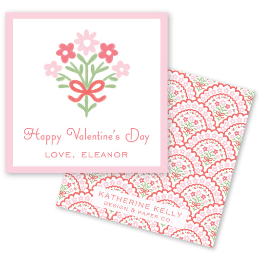 a pink square with a floral design and a pink and white floral pattern on the right side. The text on the square reads "Happy Valentine's Day LOVE, ELEANOR" and "KATHERINE KELLY DESIGN & PAPER CO."