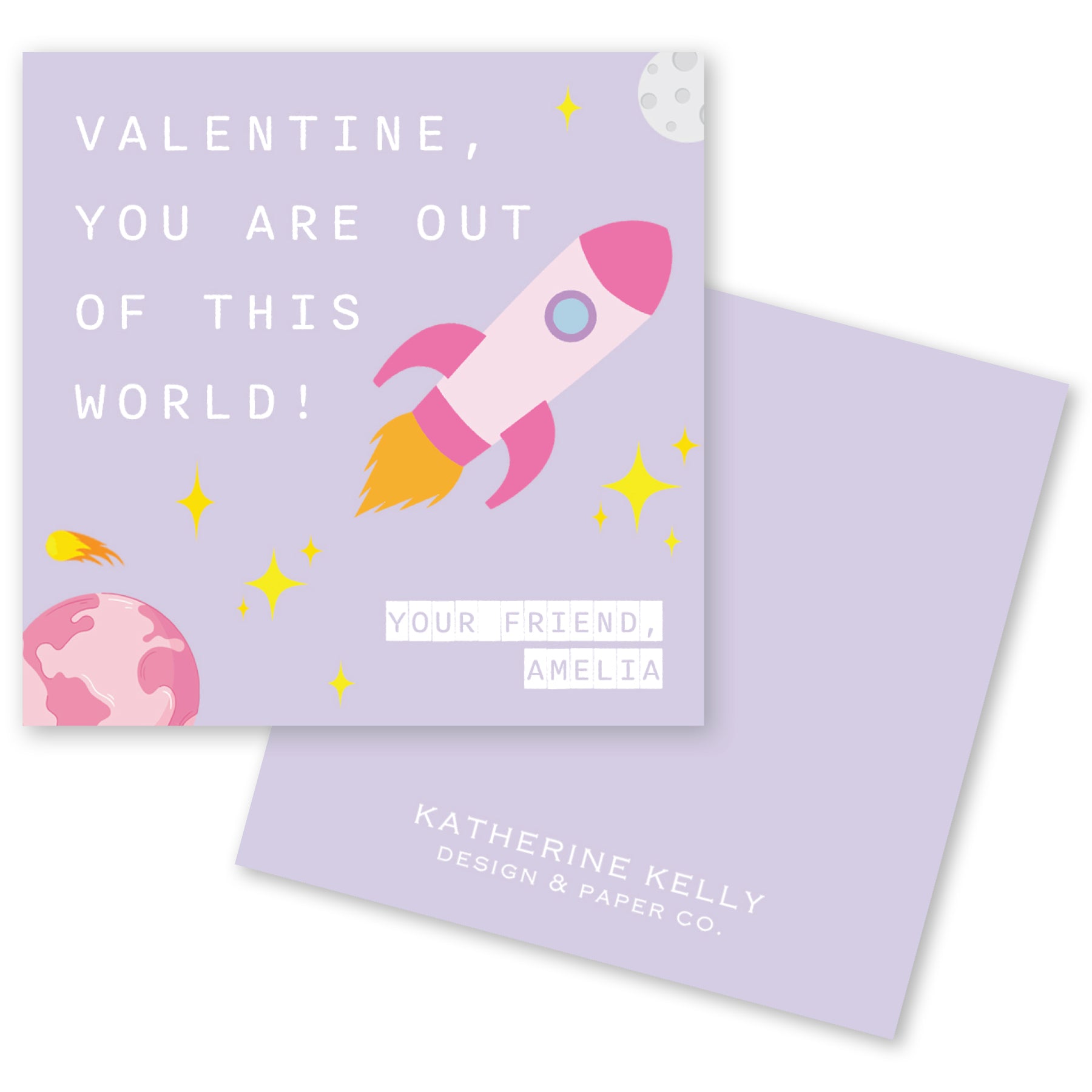 The image is a Valentine's Day card with a pink rocket ship and stars, along with a message that reads "Valentine, you are out of this world!"