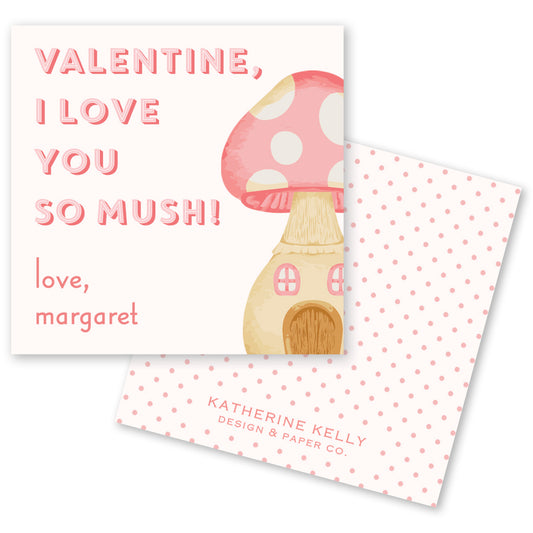 The image is a Valentine's Day card featuring a mushroom house and a text message.