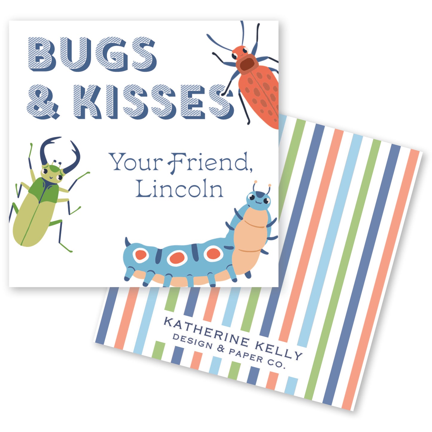 The image is a book cover for "Bugs & Kisses" by Katherine Kelly, featuring illustrations of a green insect, a blue caterpillar, and a red ladybug.