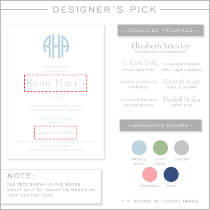 pale blue round monogram invitation