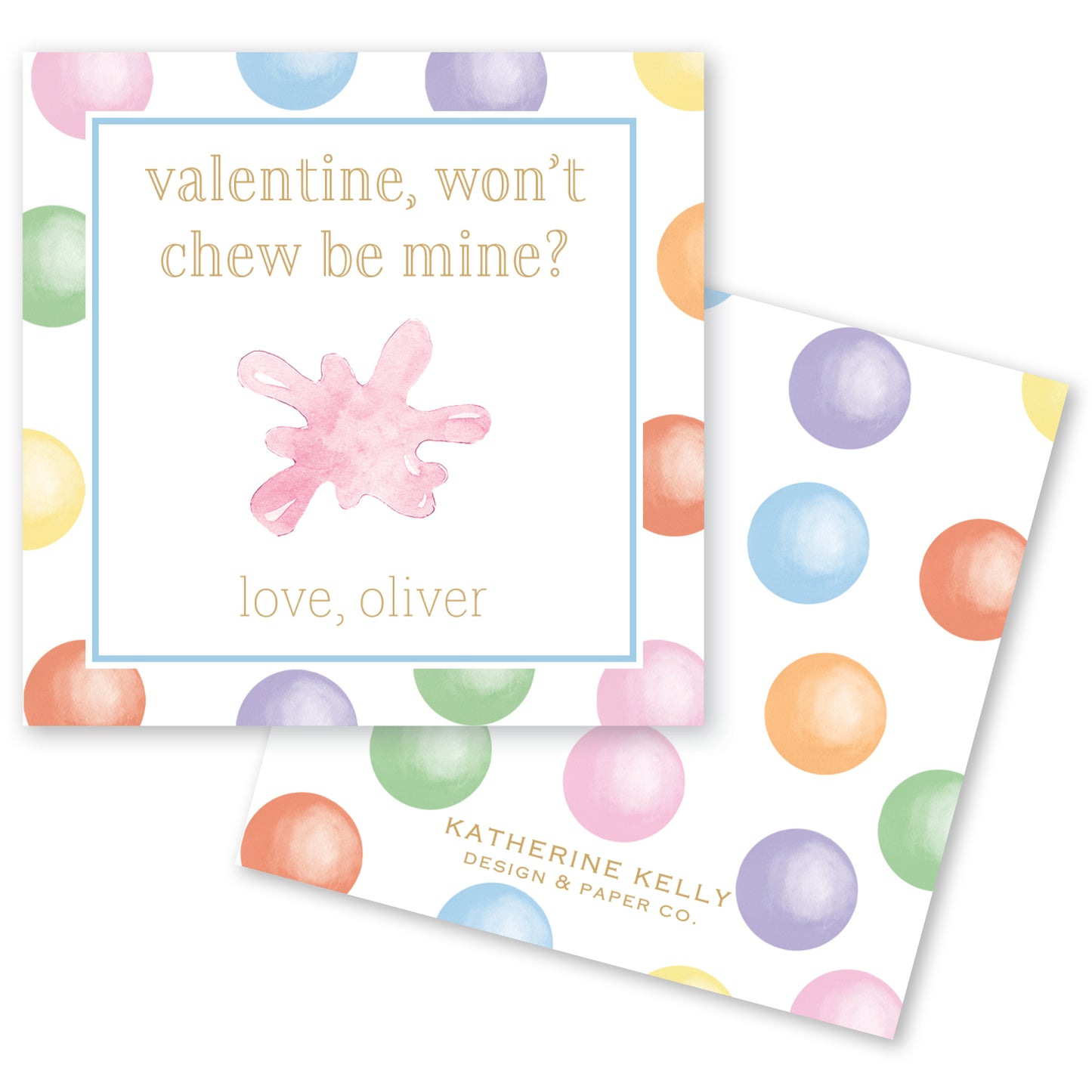 The image is a Valentine's Day card with a playful polka dot pattern. The card features a pink splatter and the text "love, Oliver" along with the name "KATHERINE KELLY" and "DESIGN & PAPER CO."