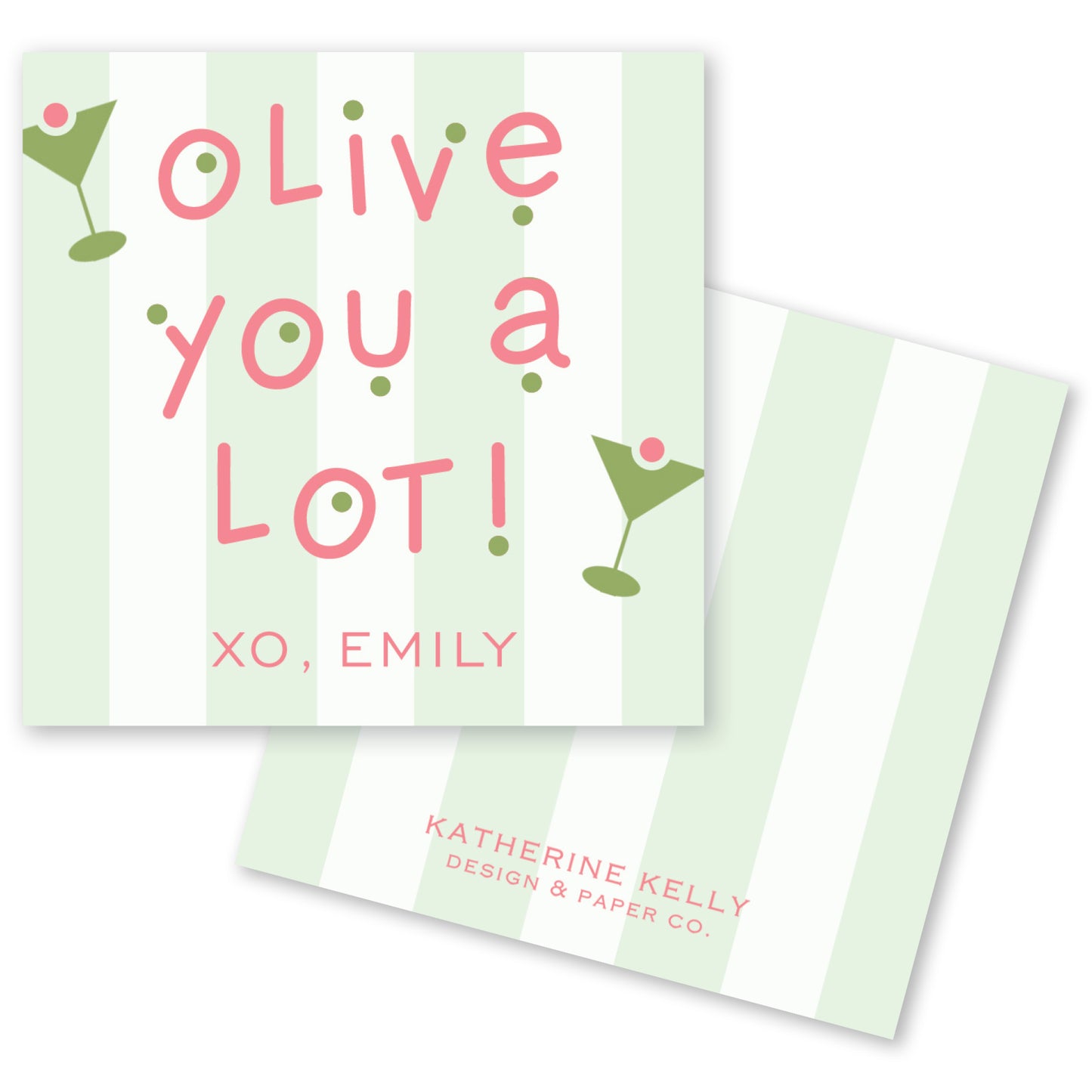 The image is a square-shaped graphic with a green and white striped background. The text on the graphic reads "olive you a lot!" and includes a small illustration of a martini glass.