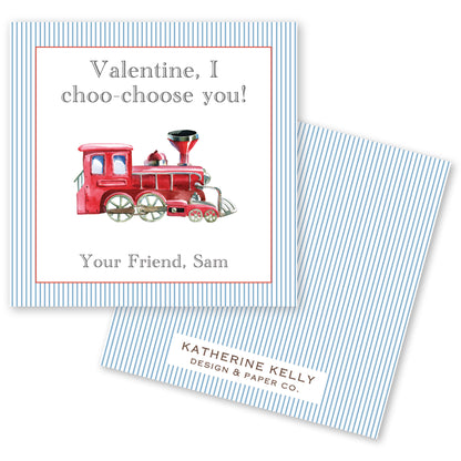 The image is a Valentine's Day card featuring a red train engine.