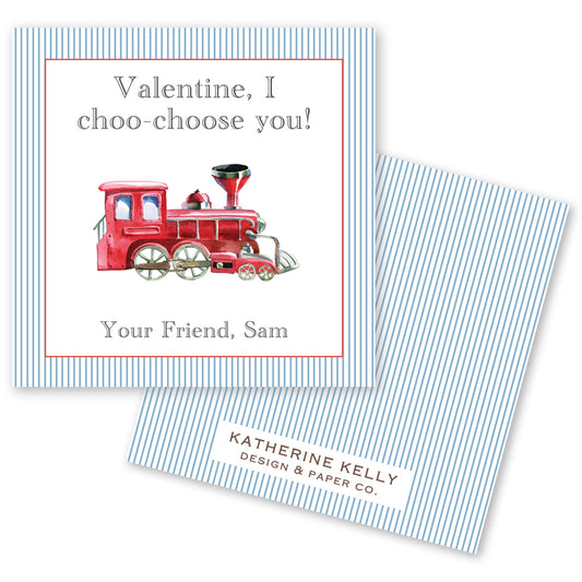 The image is a Valentine's Day card featuring a red train engine.