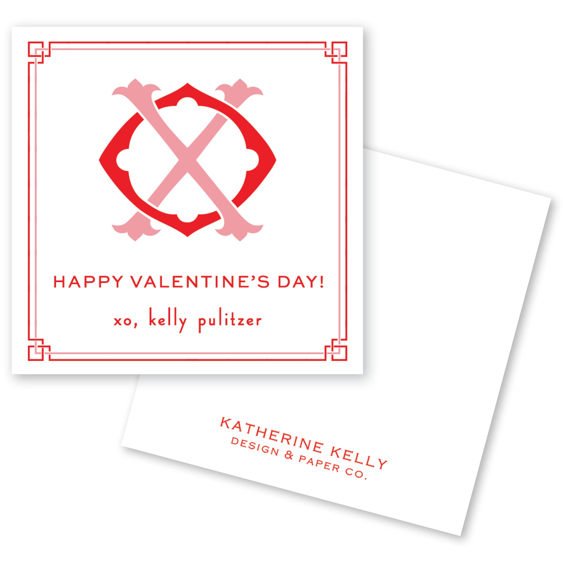 The image is a Valentine's Day card with a pink and red design featuring an X and a flower-like symbol. The card has a message that reads "Happy Valentine's Day! xo, Kelly pulitzer" and is signed by "Katherine Kelly Design & Paper Co."