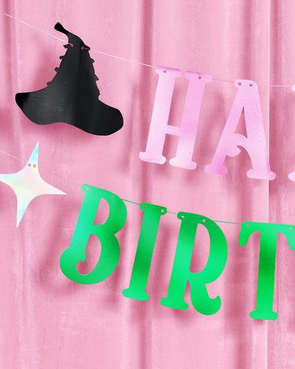 Birthday Witch Banner - pink + green foil banner