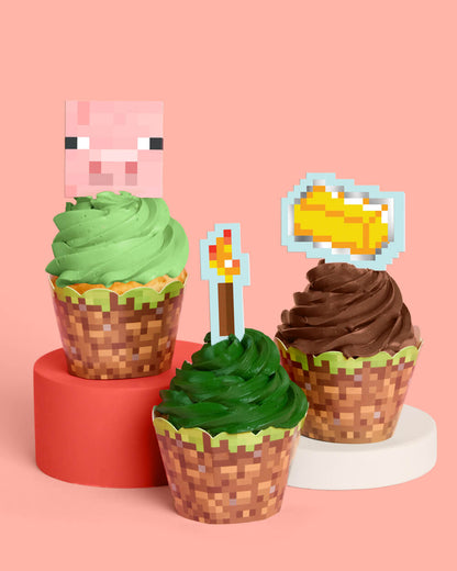 Pixel Mining Cupcake Set - 30 sets of liners + toppers